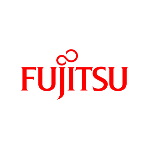 Logo Fujitsu sur fond blanc.
